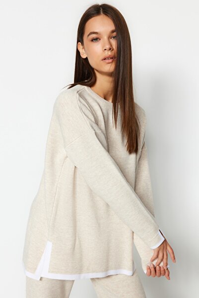 Trendyol Collection Bézs, széles szabású kontraszt színű kötöttáru felső és alsó készlet TWOAW24AU00062