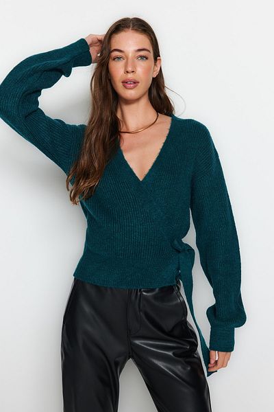 Trendyol Collection Petrol Weich strukturierte Strickjacke mit V-Ausschnitt TWOAW24HI00282