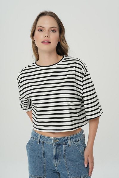 CROSS JEANS White Black Striped Oversize Short Sleeve T-Shirt 56107-573