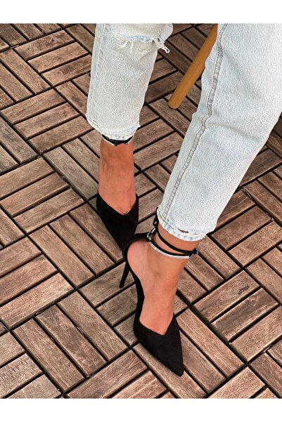 AYAKKABI PRENSİ Signy Bilekten Bağcıklı Taş Detaylı Siyah Süet Siyah Suet 10 Cm Kadın Stiletto, Topuklu Ayakkabı