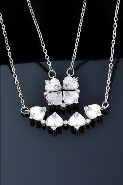 The Collection Mother-of-Pearl Stone, Openable, Four-Hearted, Closable Clover Magnet, Tarnish-proof Silver Steel Necklace