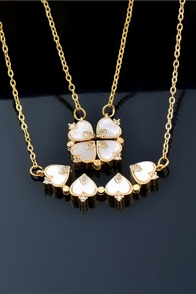 The Collection Zircon Mother-of-Pearl Stone Openable Four Heart Closing Clover Magnet Tarnish Resistant Steel Necklace