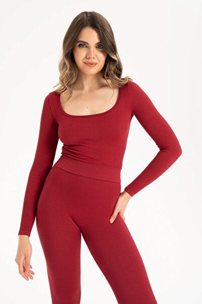 Formeasy Women's Seamless Knitted Corded Long Sleeve Square Neck Crop Blouse 9010