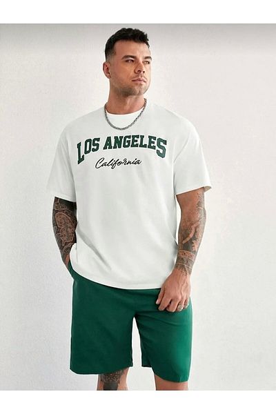 Sky Light White Green Los Angeles Printed Green Shorts T-shirt Summer Set