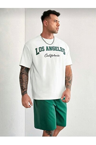 Sky Light White Green Los Angeles Printed Green Shorts T-shirt Summer Set