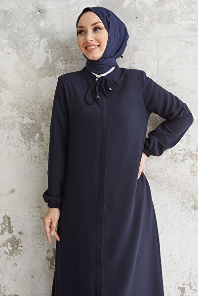 InStyle Abaya with Lace Collar and Hidden Placket - Navy Blue