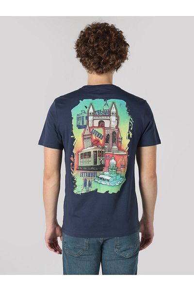 Colin's Navy Blue Regular Fit Men's Short Sleeve T-Shirt - Printed