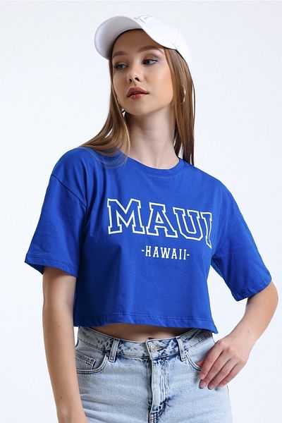 MD trend Tricou de damă, cu imprimeu albastru, cu decolteu, crop de bază