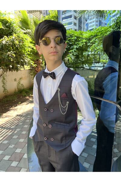 WENA KİDS Çocuk Yelekli Takım Elbise Gömlekli Set MÜRDÜM EKOSE