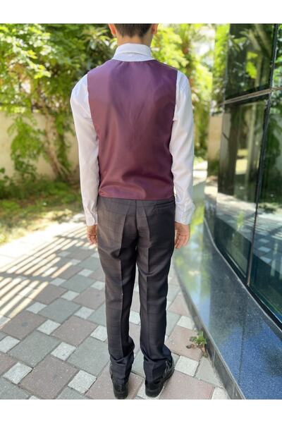 WENA KİDS Çocuk Yelekli Takım Elbise Gömlekli Set MÜRDÜM EKOSE