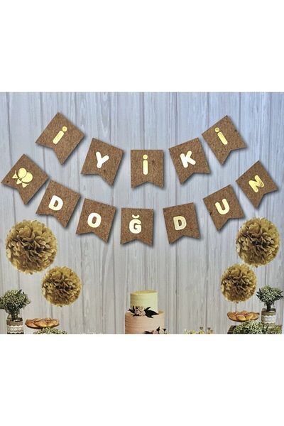 TEAM-ONE Kraft Gold Golden Yellow Gilded Happy Birthday Written Birthday Party Text Banner