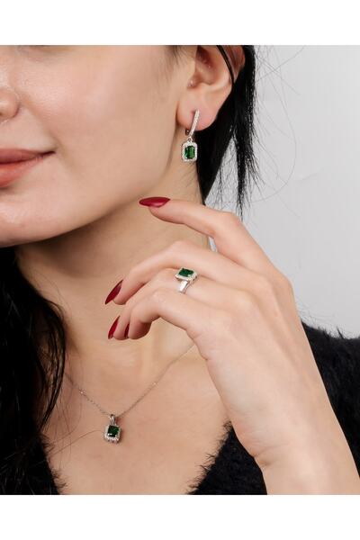 RevSilver Baget Kesim Takım Set 925 Ayar Gümüş Kadın Kolye Yüzük Küpe Zümrüt ...