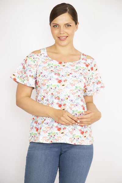 Şans Women's Colorful Large Size Off-Shoulder Strap Blouse 65n36599