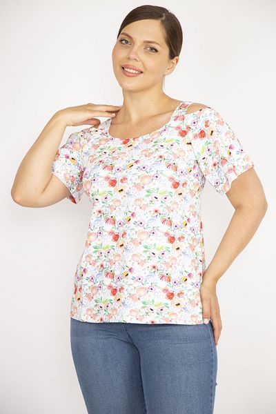 Şans Women's Colorful Large Size Off-Shoulder Strap Blouse 65n36599