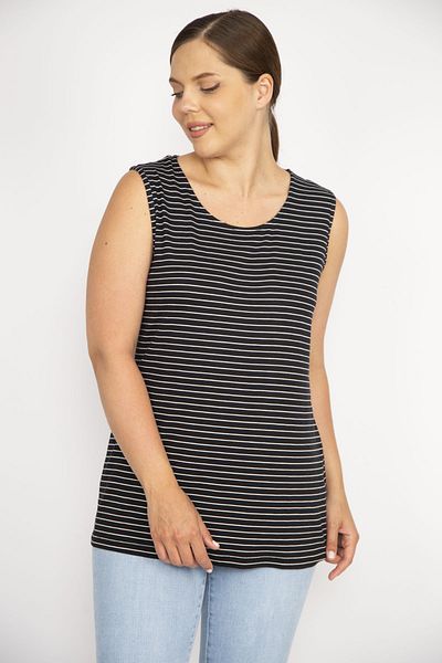 Şans Women's Black Plus Size Sleeveless Striped Lycra Viscose Blouse 65n36579