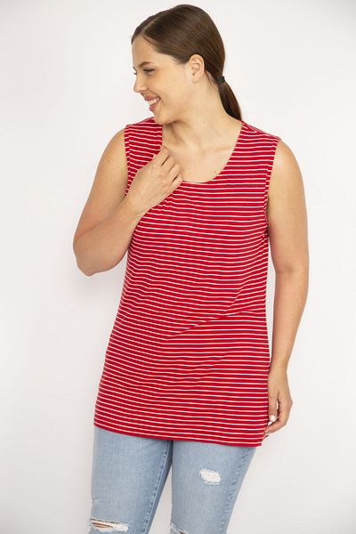 Şans Women's Red Plus Size Sleeveless Striped Lycra Viscose Blouse 65n36579
