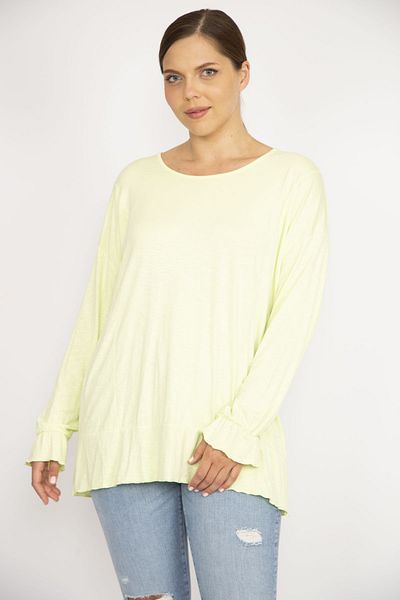 Şans Women's Green Large Size Crew Neck Cup Stitched Long Sleeve Blouse 65n36607
