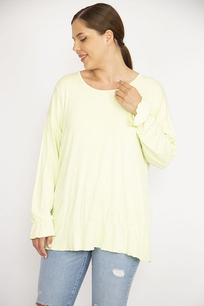 Şans Women's Green Large Size Crew Neck Cup Stitched Long Sleeve Blouse 65n36607