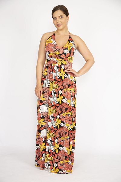 Şans Rochie lungă, colorată, mărime mare, fără spate, cu decolteu în V, cu fante 65n36560