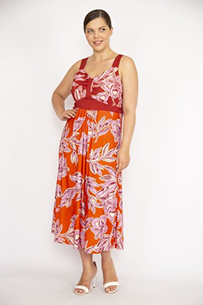 Şans Women's Colorful Large Size Thick Strap Colorful Long Dress 65n36571