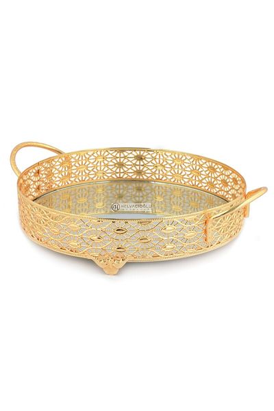 HELVACIOĞLU AKSESUAR 27 Pattern Round Handle Mirrored Tray 30 Cm Gold