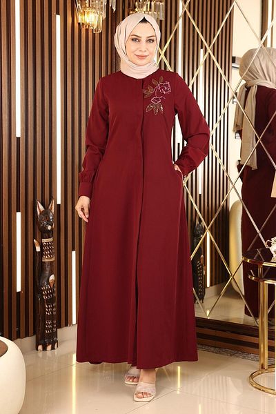 Modamihram Embroidered Hijab Abaya Claret Red 10773