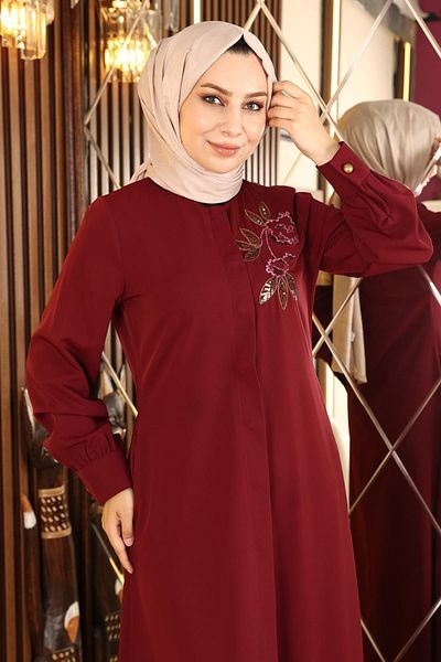 Modamihram Embroidered Hijab Abaya Claret Red 10773