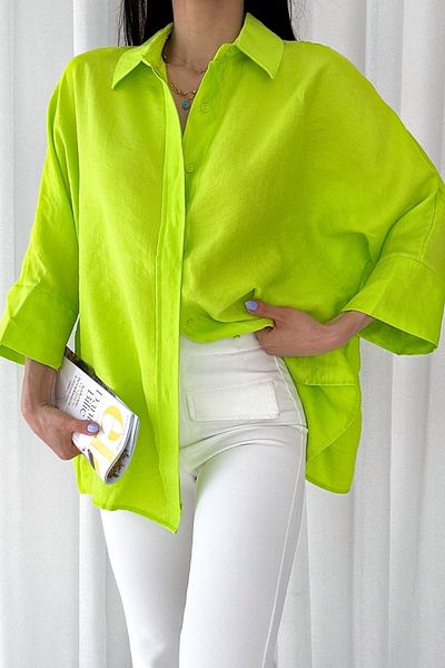 FEMELLE Cămașă oversize, cu mânecă slabă, cu nasturi ascunse, verde fistic, pentru femei