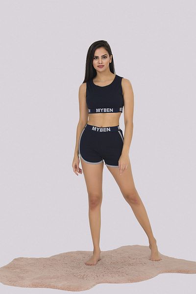 MyBen Navy Blue Colored Women's Pajama Set with Sports Shorts S369