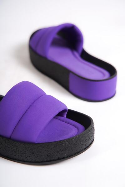 Capone Outfitters Capone Quilted Banded Colorful Detailed Wedge Heel Matte Satin Purple Women's Slippers