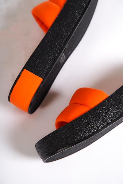 Capone Outfitters Capone Quilted Banded Colorful Detailed Wedge Heel Matte Satin Orange Women's Slippers