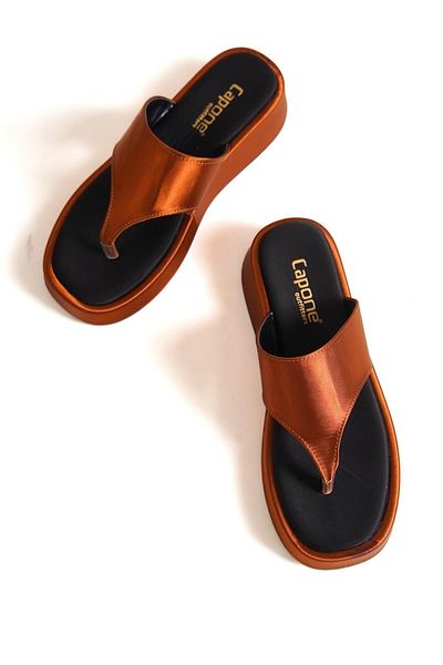 Capone Outfitters Capone Flat Heeled Flip Flops Comfort Satin Fashion Copper Women's Slippers