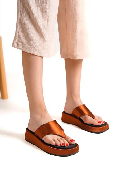 Capone Outfitters Capone Flat Heeled Flip Flops Comfort Satin Fashion Copper Women's Slippers