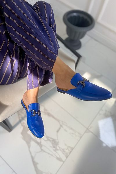 SHOEBELLAS Papuci de damă cu cataramă din piele albastră Estelya