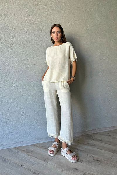 Seda Yalçın Atelier Beige Tassel Detailed Blouse and Trousers Set
