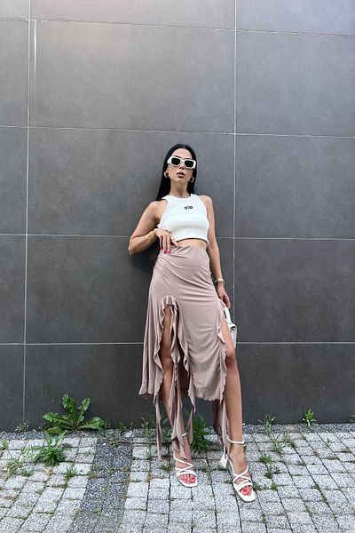 Seda Yalçın Atelier Brown Deep Slit Ruffle Detail Skirt