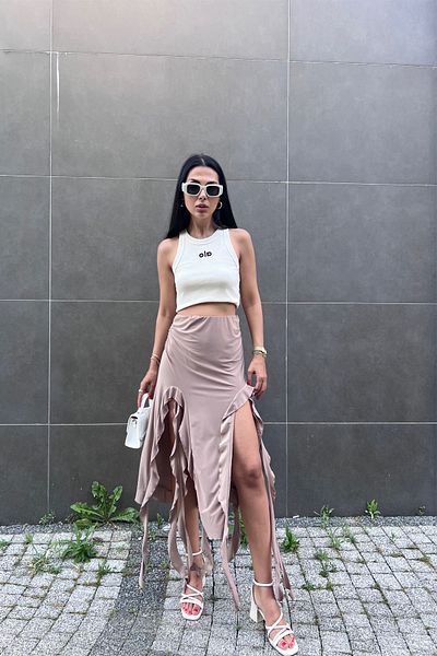 Seda Yalçın Atelier Brown Deep Slit Ruffle Detail Skirt