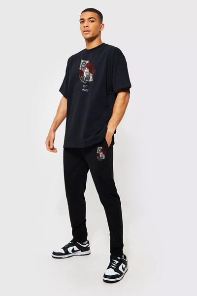 aynewmoda Set de pantaloni de sport cu imprimeu cu cărți de joc și tricou