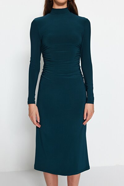 Trendyol Collection Emerald Green Drape Detailed High Collar A-Line Flexible Midi Knitted Dress TWOAW24EL00133