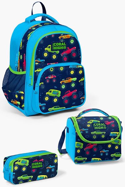Coral High SET de 3 genți de școală cu model Monster Truck pentru copii, albastru bleumarin 0123406