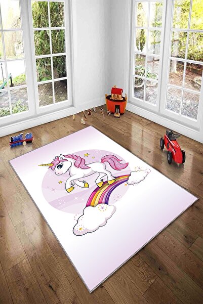 on the clouds Unicorn ve Gökkuşağı Desenli Dijital Baskılı Yıkanabilir Kaymaz Taban Çocuk Odası Halısı