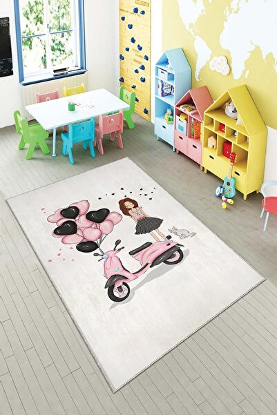 on the clouds Motorsiklet Balon ve Kedili Kız Dijital Baskılı Yıkanabilir Kay...