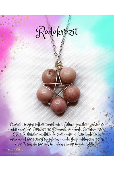 LEMURYANSTONE Doğaltaş Orijinal Rodokrozit Pentagram Kolye