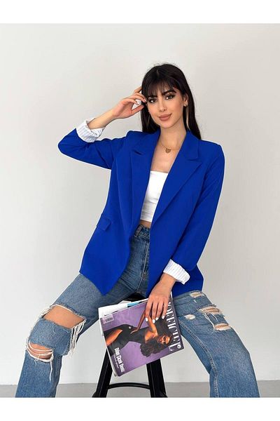 han fashion Zweireihiger Kragen, knopflose Tasche, gefütterte Blazerjacke mit faltbaren Ärmeln