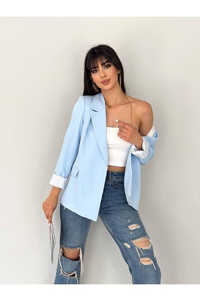 han fashion Zweireihiger Kragen, knopflose Tasche, gefütterte Blazerjacke mit faltbaren Ärmeln