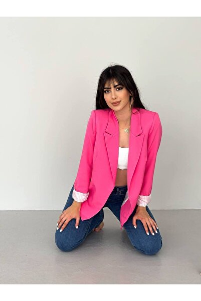 han fashion Duplasoros galléros, gomb nélküli zsebbel bélelt, összecsukható ujjú blézerkabát