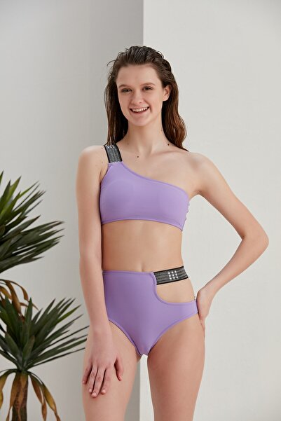 sayina Tek Omuz Taşlı Lastik Detaylı Yüksek Bel Astarlı Bikini Takımı