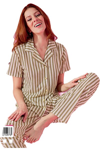 Mihra Stil Жіночий піжамний комплект у смужку з ґудзиками спереду
