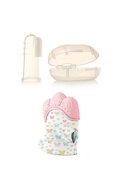 Babyjem قفاز عضاضة وردي + فرشاة أسنان للأطفال - مع صندوق تخزين