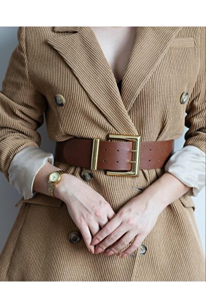 TRENDY ACCESSORY Kadın Gold Tokalı Çift Sıra Kahverengi Kemer